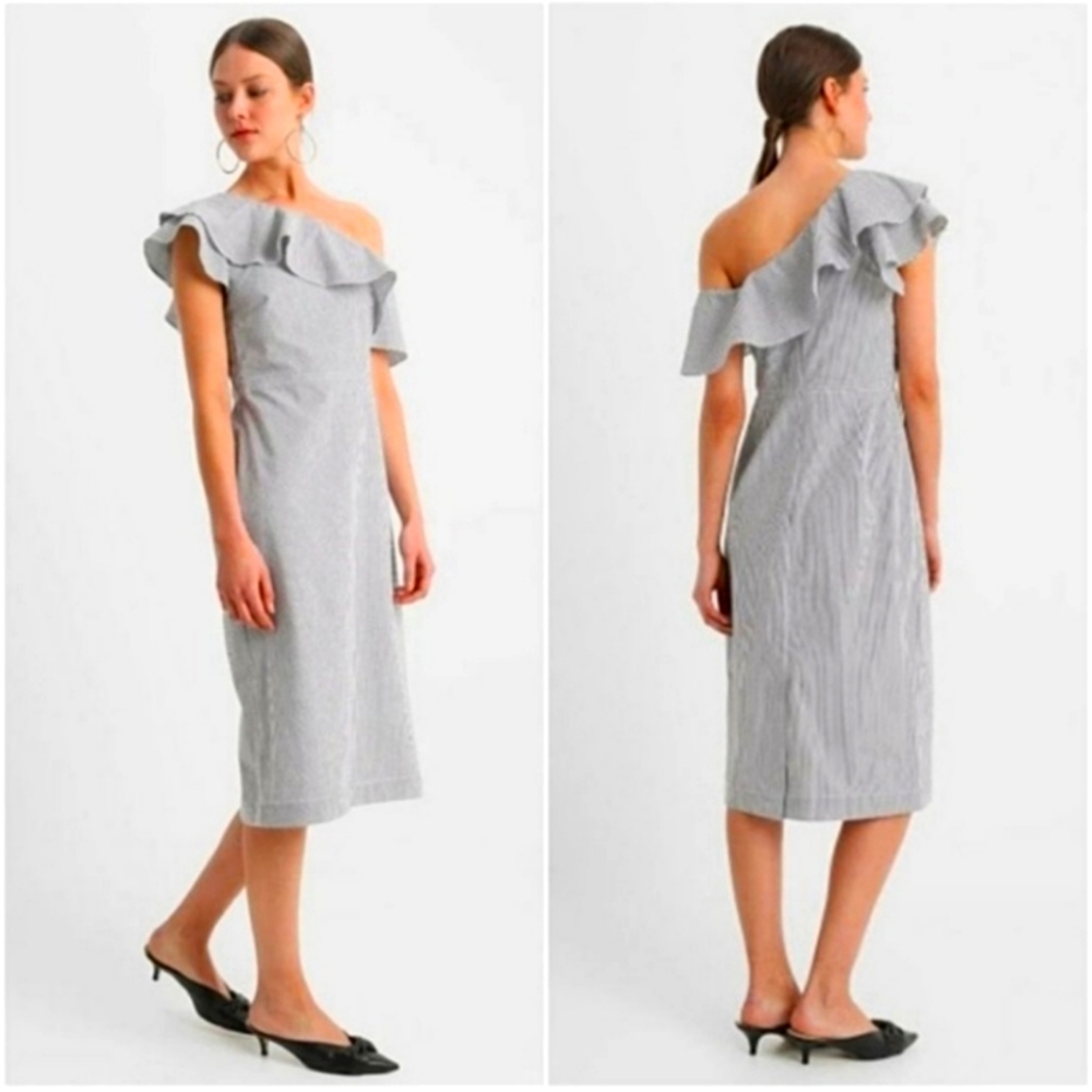 One shoulder blue & white stripes ruffle dress